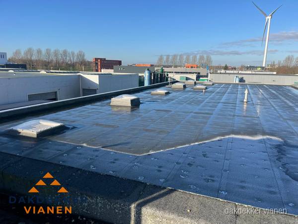 Plat dak bedrijfspand met bitumen dakbedekking en lichtkoepels in Vianen